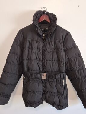 Black Quilted Puffer Jacket with Belt Women